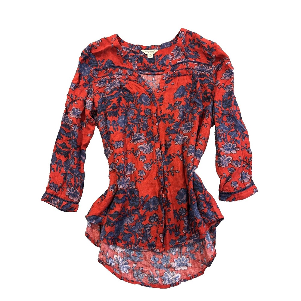 Lucky Brand Red /Blue Floral Long Sleeve Button Down Office Blouse Size Medium